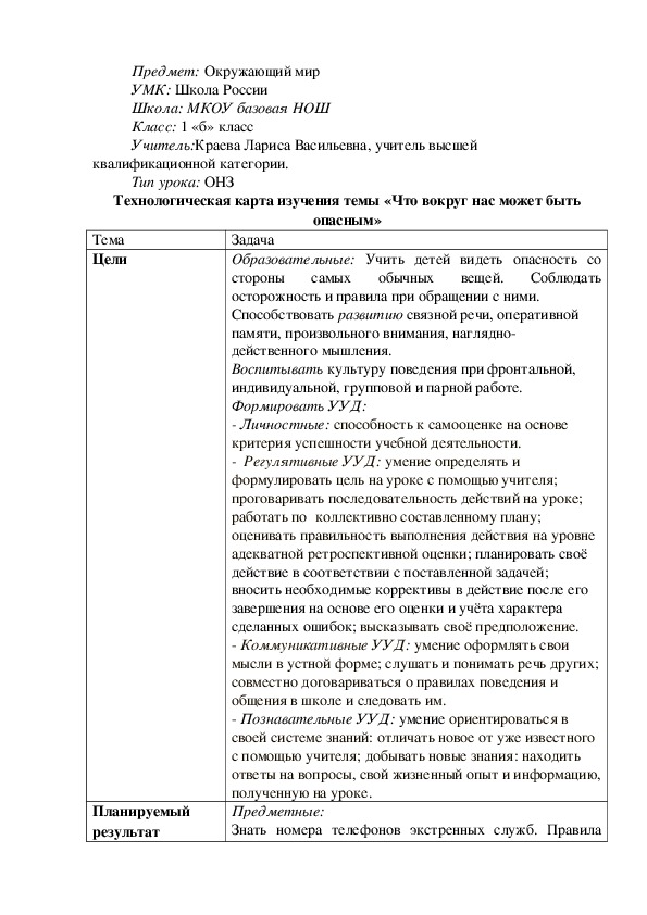 Разработка урока по окружающему миру на тему «Что в доме может быть опасным?» ( 1 класс, окружающий мир)