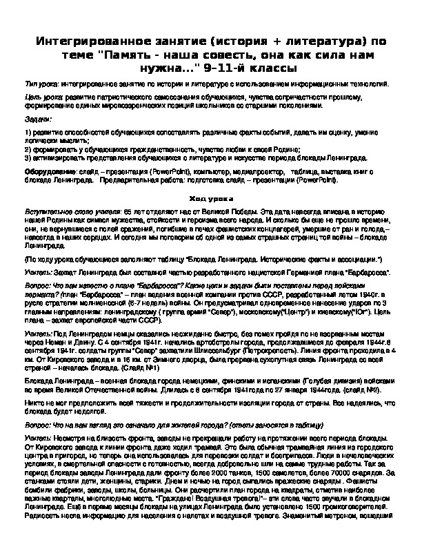 Обложка для материала Интегрированное занятие (история + литература) по теме "Память - наша совесть, она как сила нам нужна…" 9–11-й классы