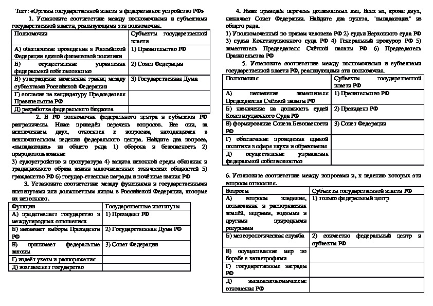 Контрольно-измерительные материалы «Органы государственной власти и федеративное устройство РФ»