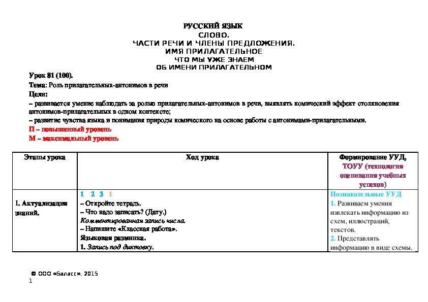 Тема: Роль прилагательных-антонимов в речи