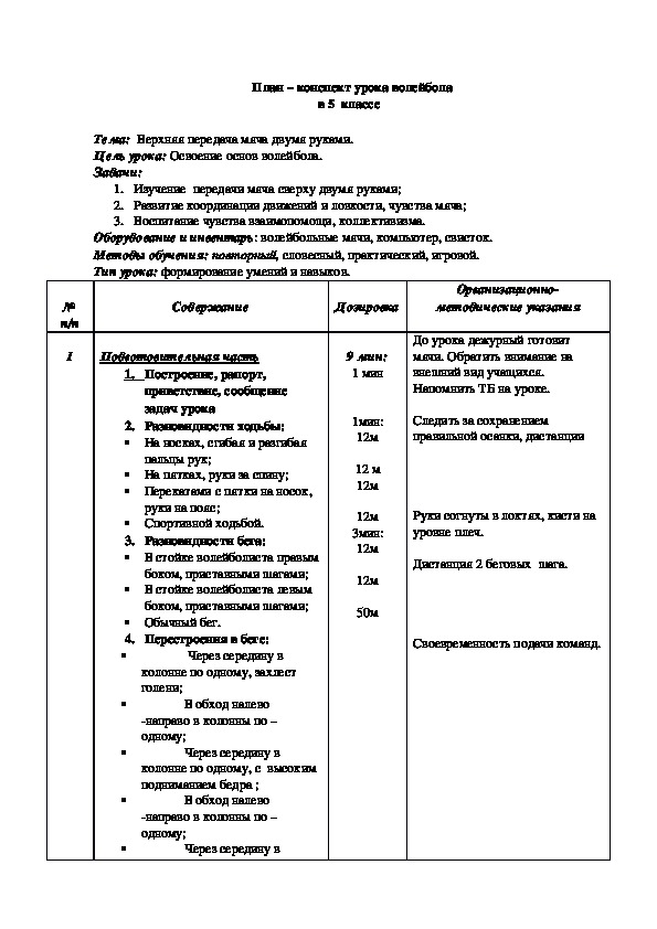 План конспект урока по физической культуре 10 класс волейбол