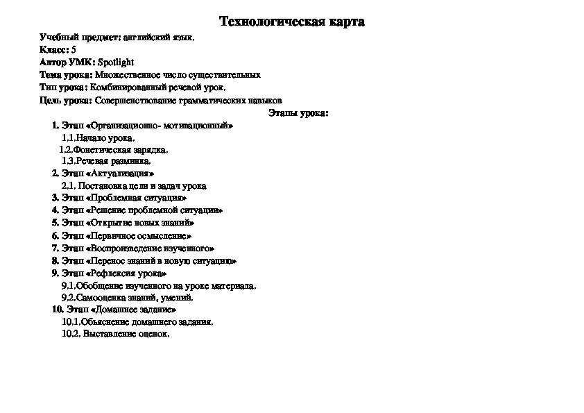 Технологическая карта урока по теме "Множественное число существительных"