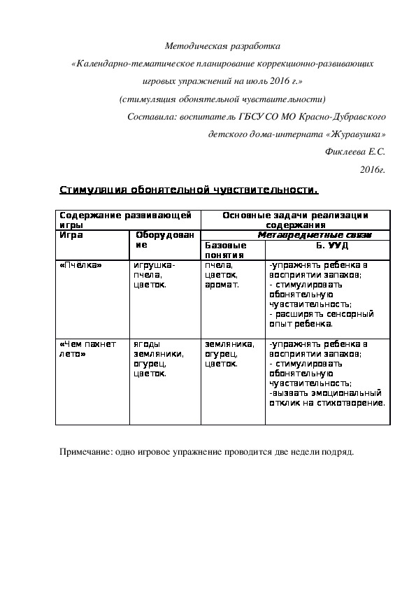 Методическая разработка «Календарно-тематическое планирование коррекционно-развивающих игровых упражнений на июль 2016 г.» (стимуляция обонятельной чувствительности)