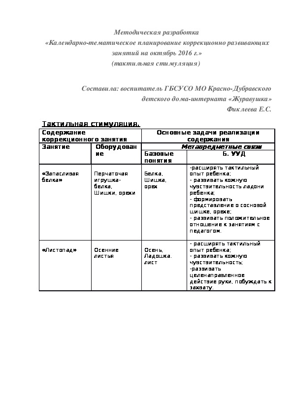 Методическая разработка «Календарно¬-тематическое планирование коррекционно¬ развивающих занятий на октябрь 2016 г.» (тактильная стимуляция)