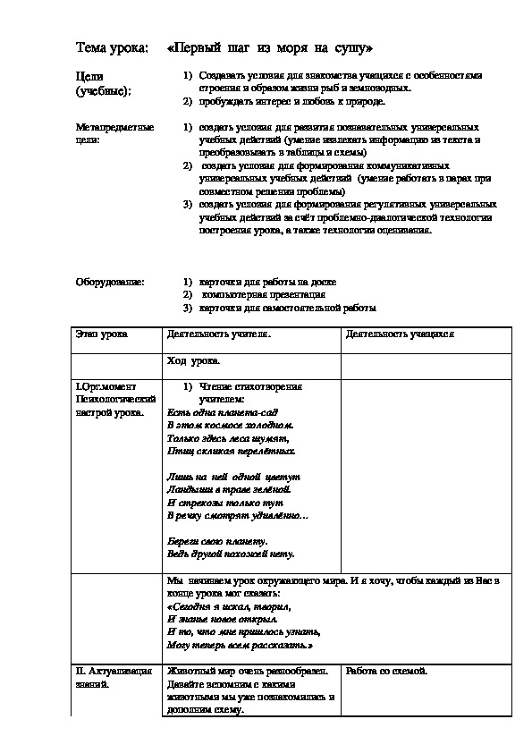 Тема урока:	«Первый  шаг  из  моря  на  сушу»