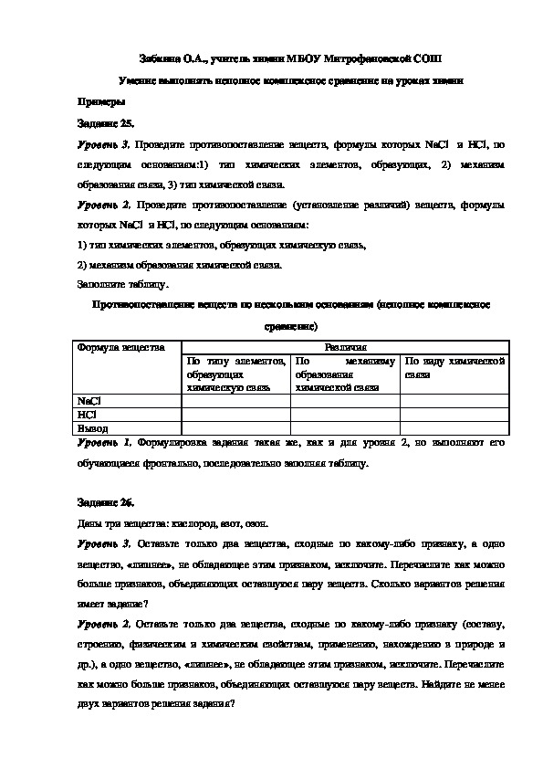 Обложка для материала Умение выполнять неполное комплексное сравнение на уроках химии