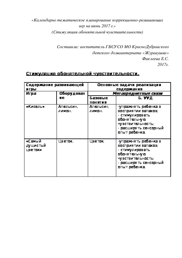 «Календарно¬ тематическое планирование коррекционно-развивающих игр на июнь 2017 г.» (Стимуляция обонятельной чувствительности)