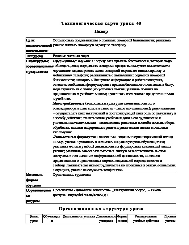 Конспект урока по окружающему миру "Пожар"(2 класс)