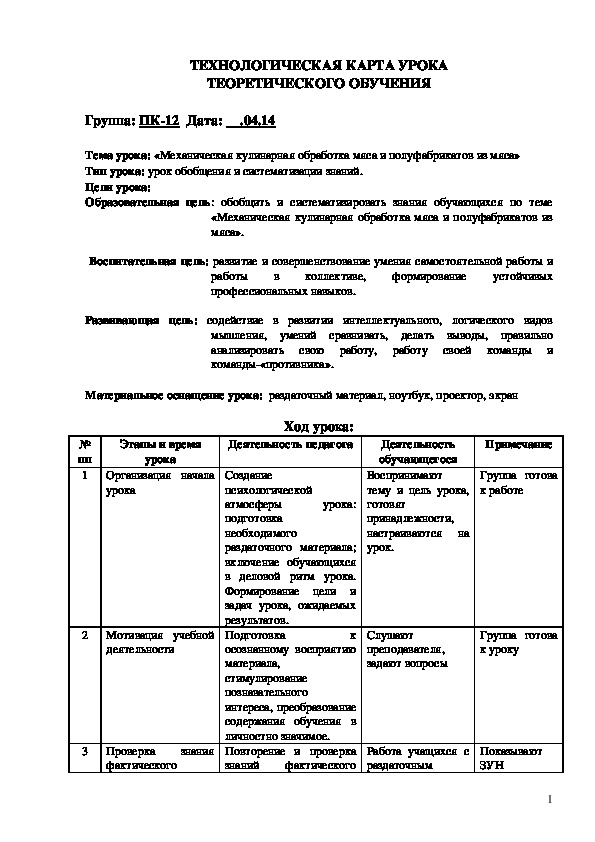 Методическая разработка урока теоретического обучения по теме: «Механическая кулинарная обработка мяса и полуфабрикатов из мяса»,  урок обобщения и систематизации знаний