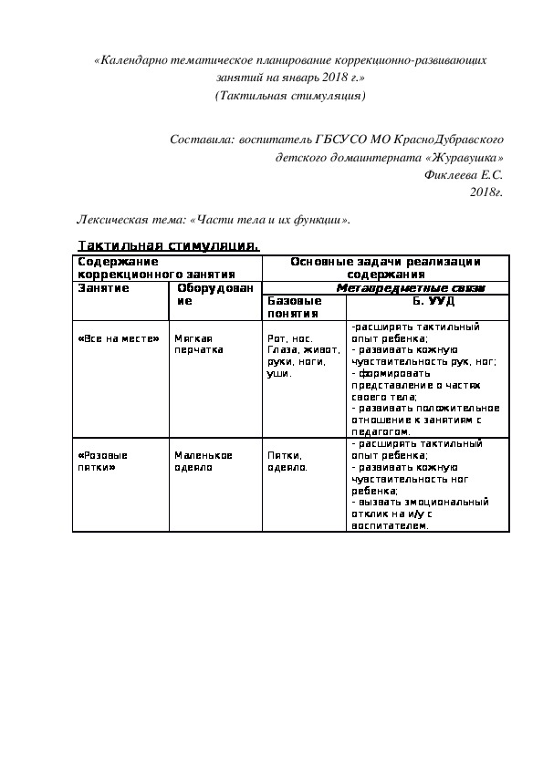 «Календарно¬ тематическое планирование коррекционно-развивающих занятий на январь 2018 г.» (Тактильная стимуляция).