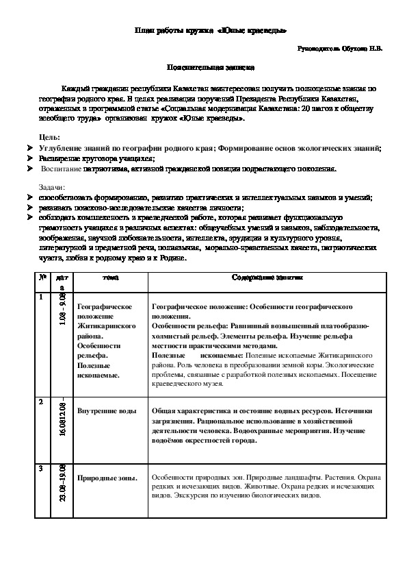 План работы кружка "Юные краеведы"