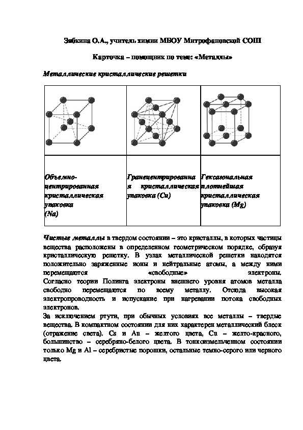 Обложка для материала Карточка – помощник по теме: «Металлы»