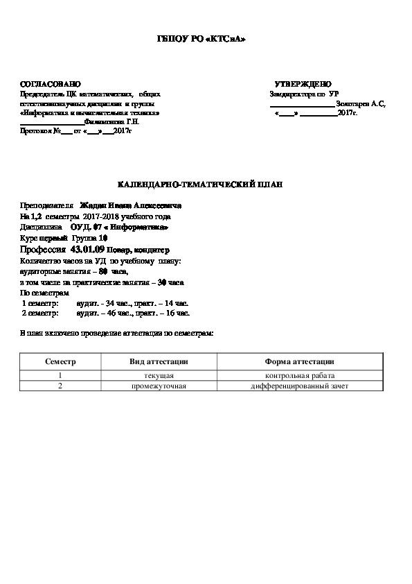 КАЛЕНДАРНО-ТЕМАТИЧЕСКИЙ ПЛАН  Дисциплина    ОУД. 07 « Информатика»  Профессия  43.01.09 Повар, кондитер