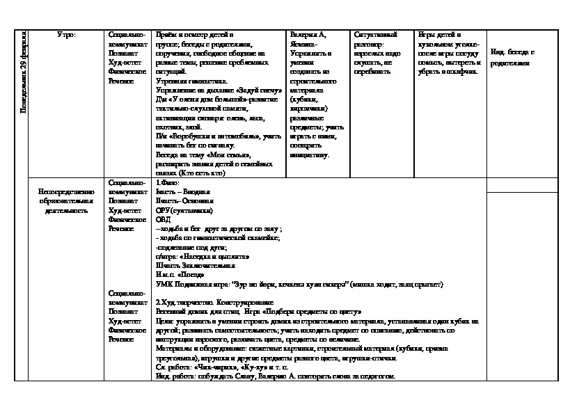 Календарный план младшая группа