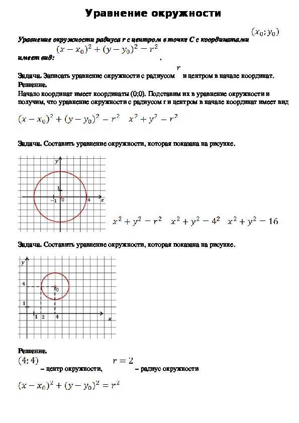 Опорный конспект по геометрии по теме «Уравнение окружности» (9 класс)