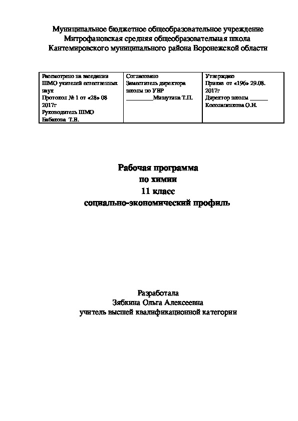 Обложка для материала Рабочая программа по химии для учащихся 11 класса (1 час в неделю)