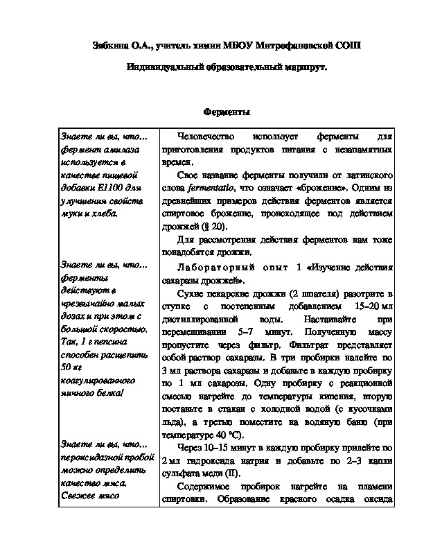 Обложка для материала Индивидуальный образовательный маршрут.  Ферменты