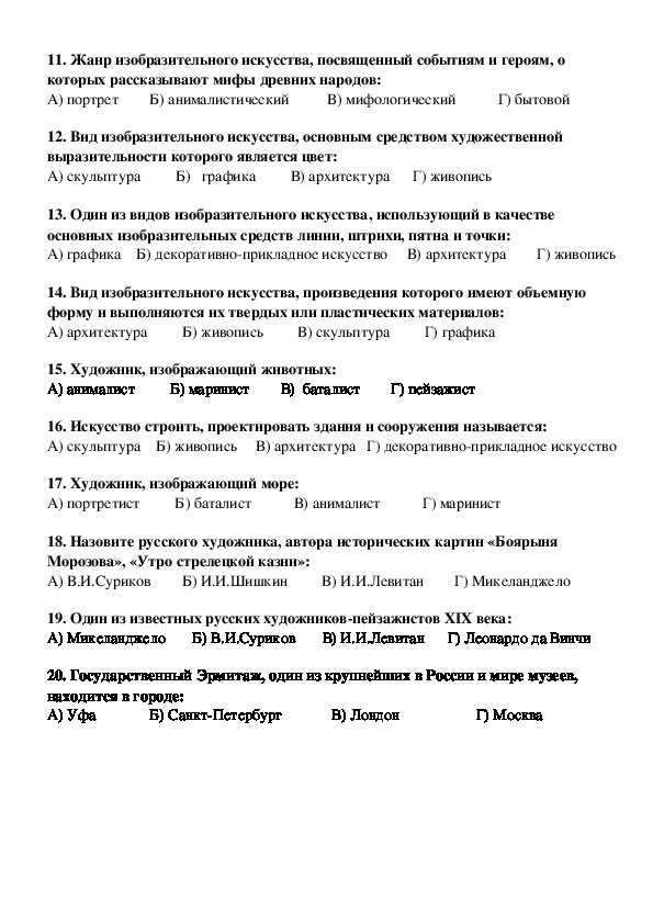 Контрольная работа по изо 5 класс