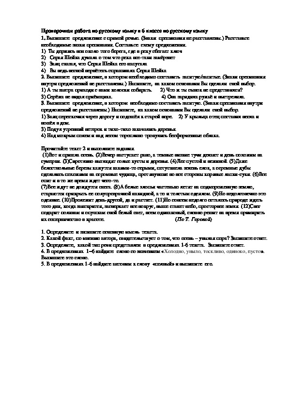 Проверочная работа по русскому языку в 6 классе