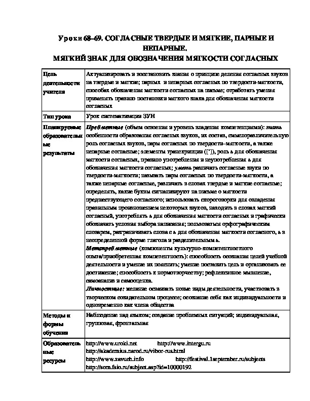 Уроки 68-69 Согласные твёрдые и мягкие,парные и непарные Мягкий знак для обозначения мягкости согласных