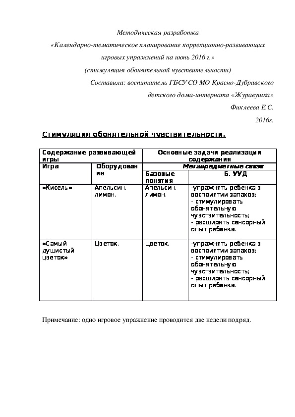 Методическая разработка «Календарно-тематическое планирование коррекционно-развивающих игровых упражнений на июнь 2016 г.» (стимуляция обонятельной чувствительности)