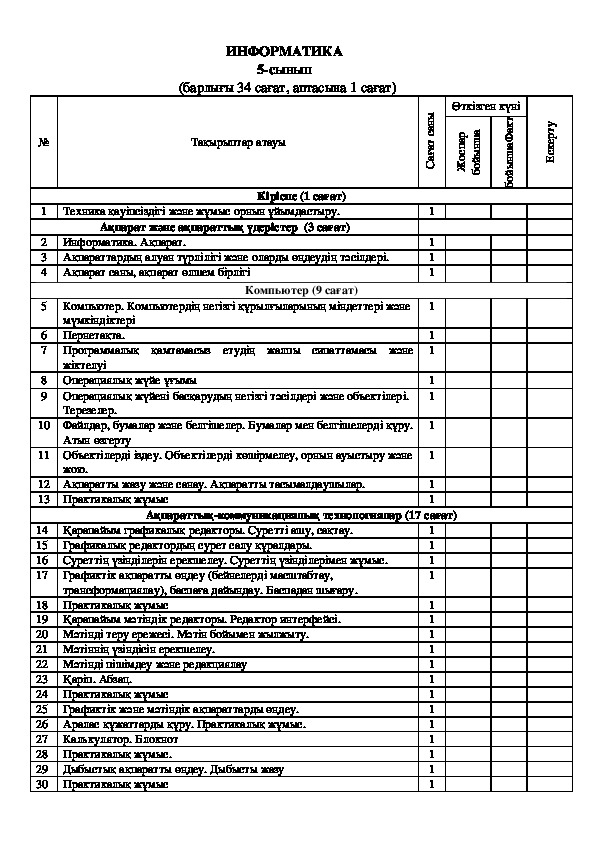 Календарно-тематическое планирование для 5-9 классов с казахским языком обучения