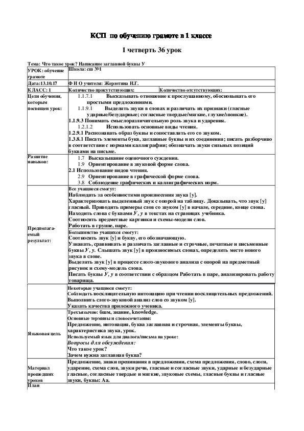 Обложка для материала Урок по обучению грамоте. 1 класс. "Тема: Что такое урок? Написание заглавной буквы У."