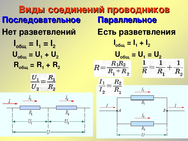 Условия последовательного соединения. Последовательное сопротивление проводников формулы. Последовательное и параллельное соединение проводников формулы. Параллельное соединение проводников 8. Формулы для тока в последовательном и параллельном соединении.
