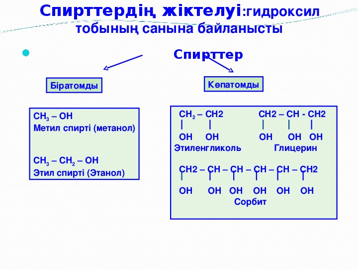 Спирттердің жіктелуі және химиялық қасиеттері презентация