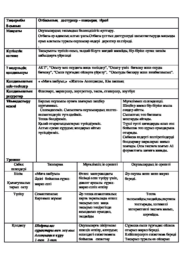 Открытый урок по казахскому языку на тему:"Отбасылық   дәстүрлер – шаңырақ  тірегі" (9 класс)