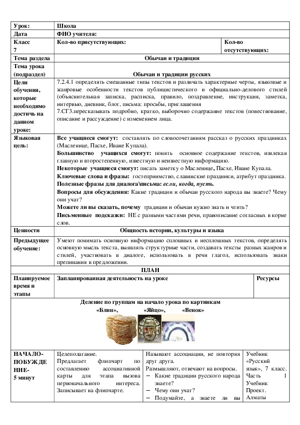 Обложка для материала Русский язык 7 класс. Тема урока: " Обычаи и традиции русского народа"