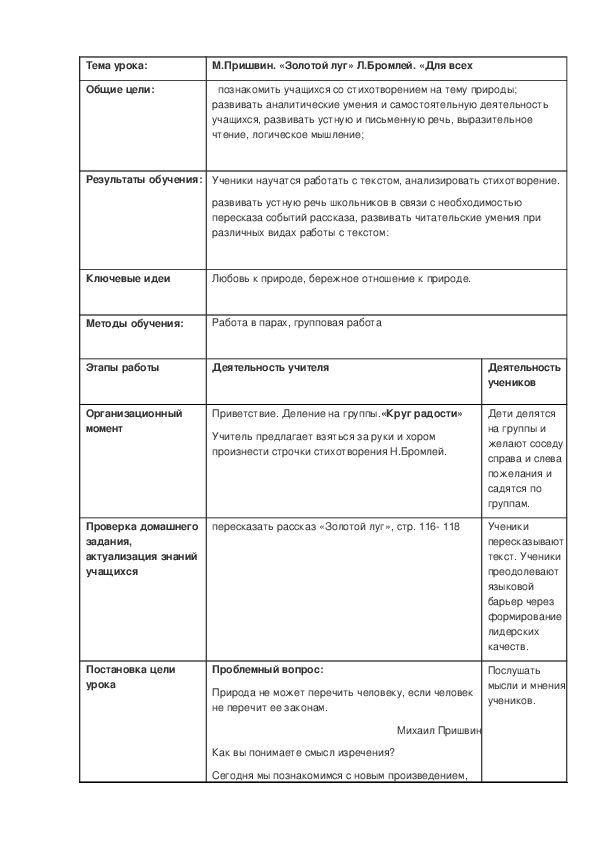 Обложка для материала М.Пришвин. «Золотой луг» Л.Бромлей. «Для всех 7 класс