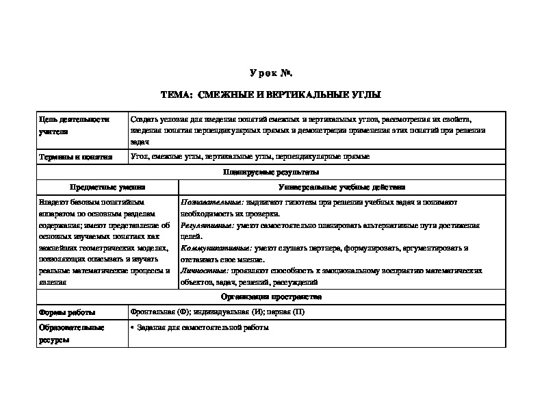 Урок на тему Смежные и вертикальные углы