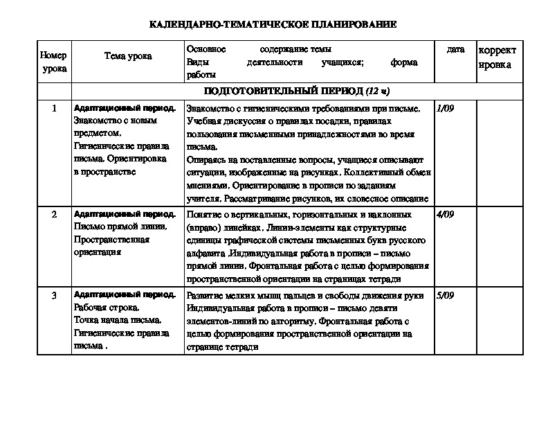 Планирование 1 класс ПНШ русский язык (пояснительная записка)