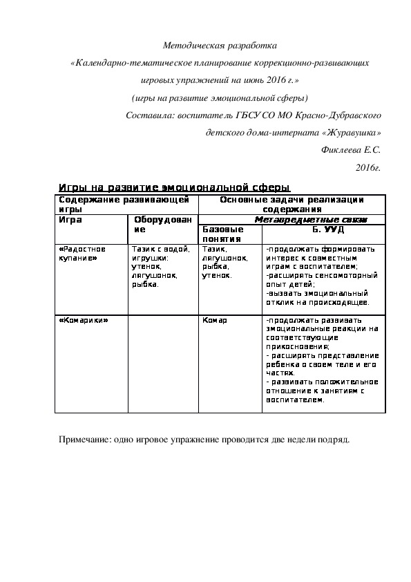 Методическая разработка «Календарно-тематическое планирование коррекционно-развивающих игровых упражнений на июнь 2016 г.» (игры на развитие эмоциональной сферы)