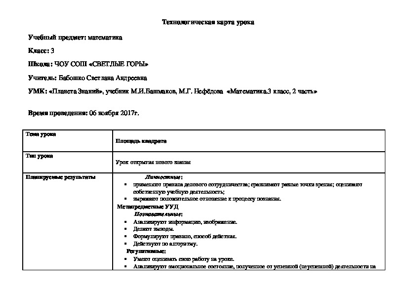 Разработка урока по математике "Площадь квадрата", 3 класс