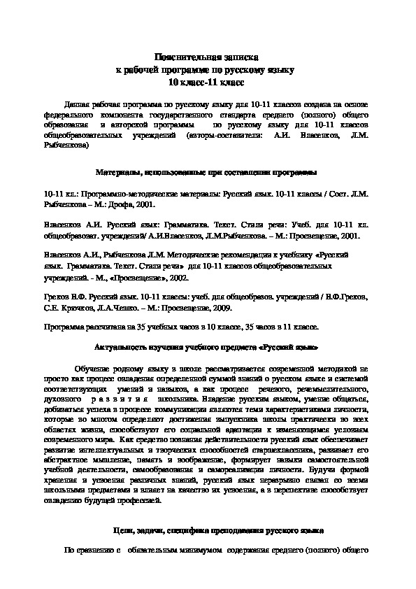 Рабочая программа по русскому языку. 10-11 классы