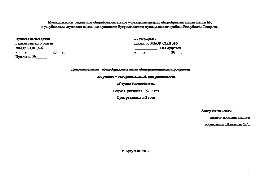 Программа спортивной секции "Страна Баскетболия", 3 года обучения