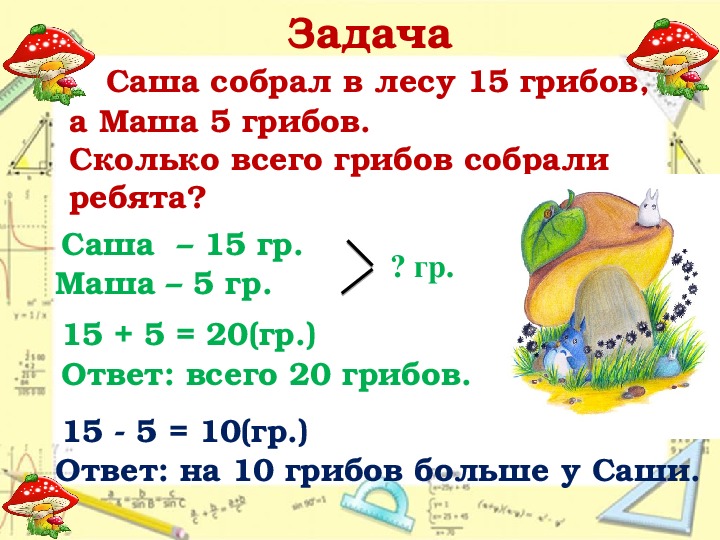 Используя рисунок запиши решение задачи на деление про грибы 2 класс