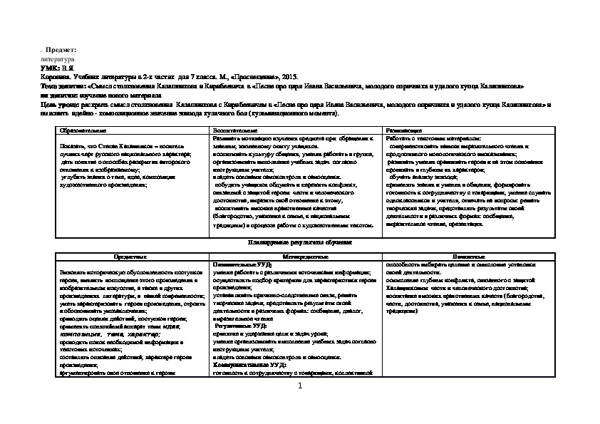 Обложка для материала Открытый урок по литературе 7 класс