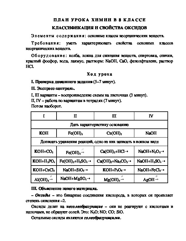 ПЛАН УРОКА ХИМИИ В 8 КЛАССЕ КЛАССИФИКАЦИЯ И СВОЙСТВА ОКСИДОВ