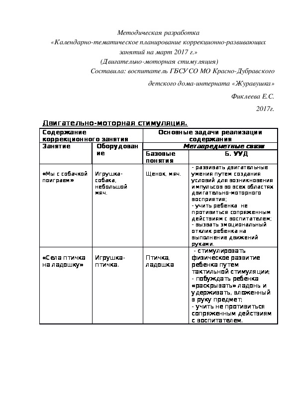 «Календарно-тематическое планирование коррекционно-развивающих занятий на март 2017 г.»  (Двигательно-моторная стимуляция)