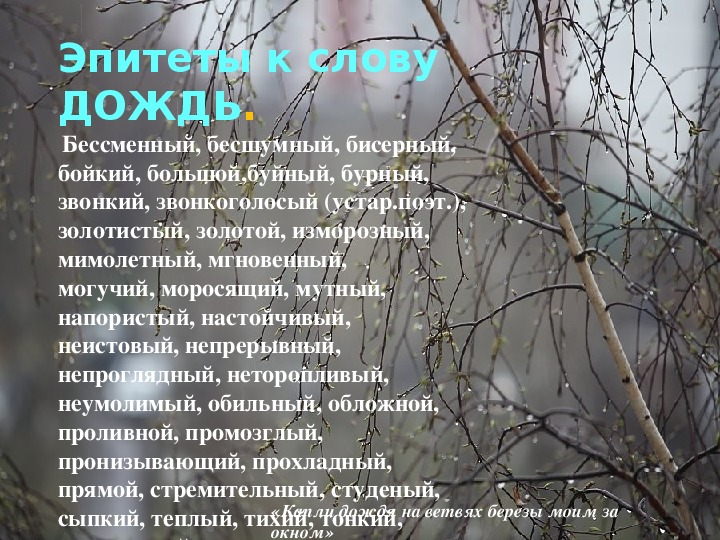 Значение слова дождь. Эпитеты к слову дождь. Дождевые слова. Подобрать эпитет к слову дождь. Дождливые слова.