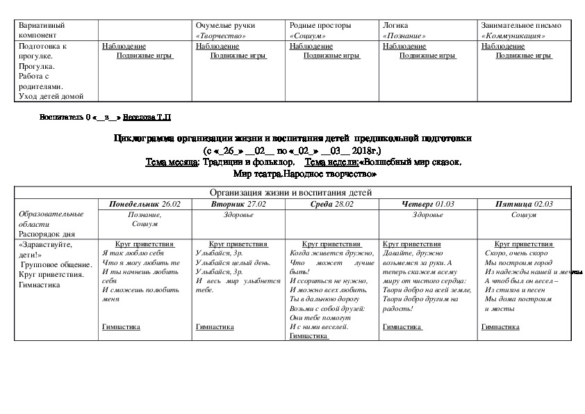 Циклограмма предшкольная группа