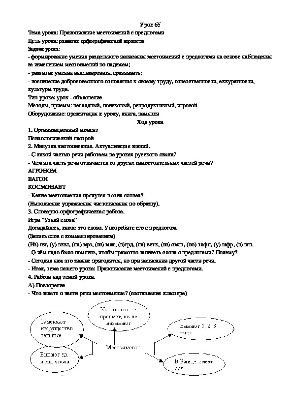 Урок русского языка в 4 классе.Тема:: Правописание местоимений с предлогами