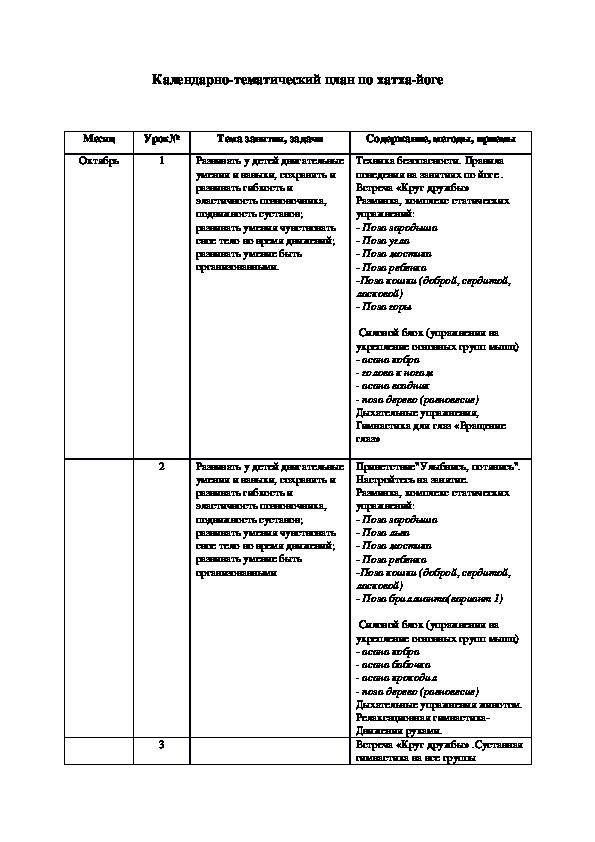Календарно-тематический план по Хатха-йоге (1-11 класс)