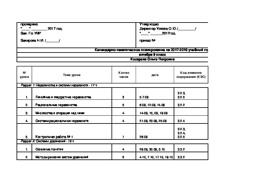 Тематическое планирование алгебра 9 класс