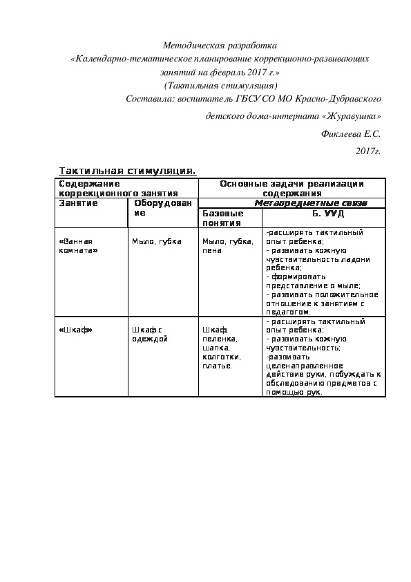 «Календарно-тематическое планирование коррекционно-развивающих занятий на февраль 2017 г.»  (Тактильная стимуляция)