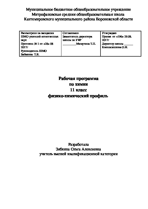 Обложка для материала Рабочая программа по химии для учащихся 11 класса., профильный уровень