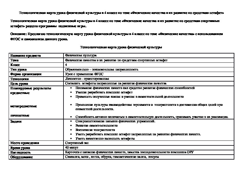 Технологическая карта по физкультуре 2 класс школа россии